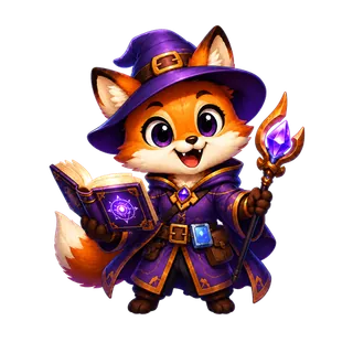 Web Mage's mascot: a fox familiar in a wizard hat, holding a spellbook and a crystal staff